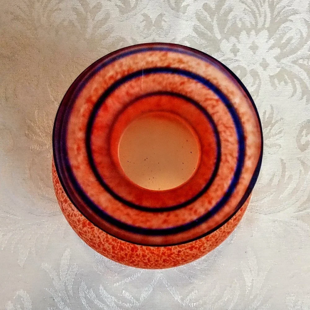 Handblown Mottled Orange Blue Swirl Art Glass Vase